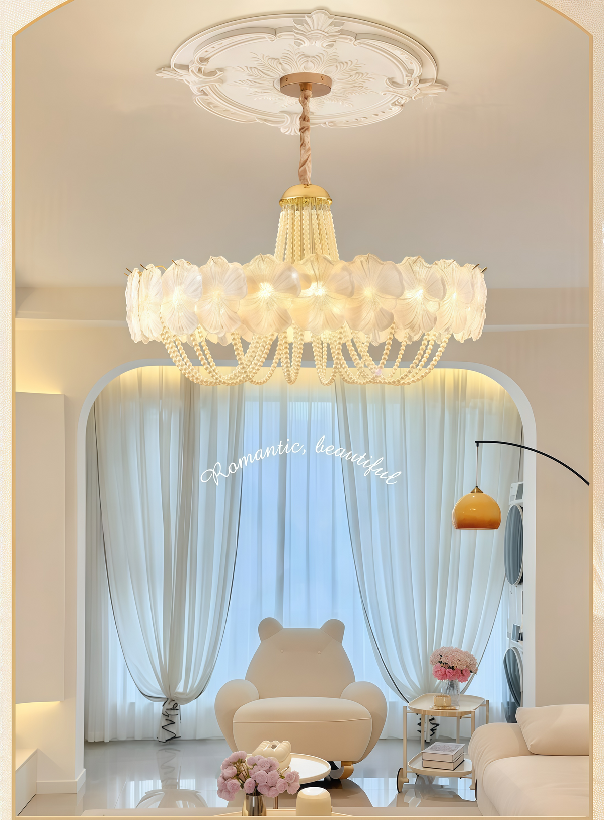 French Light Luxury Pearl Flower Chandelier