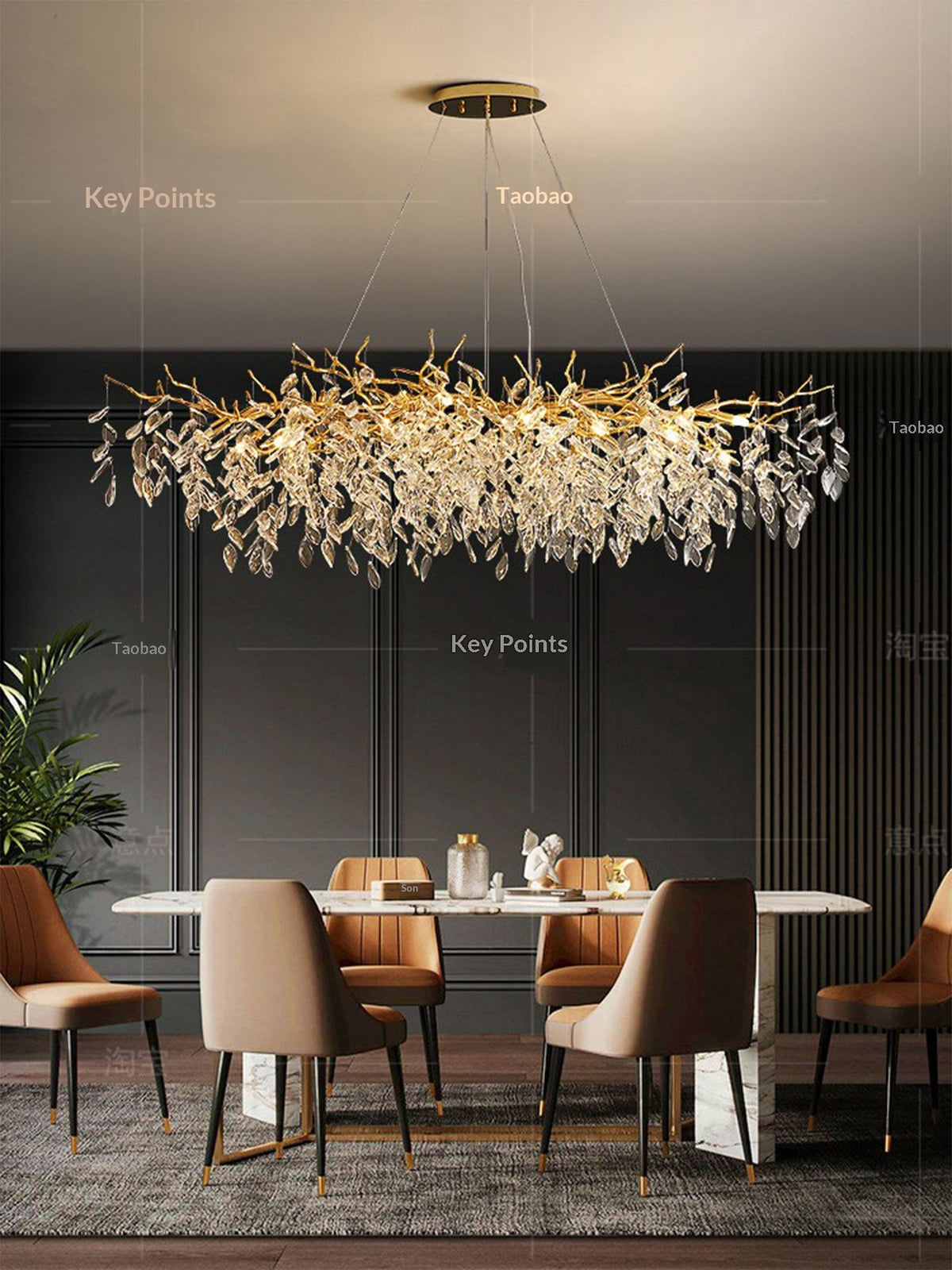 Dining room pendant lights and living room crystal chandeliers