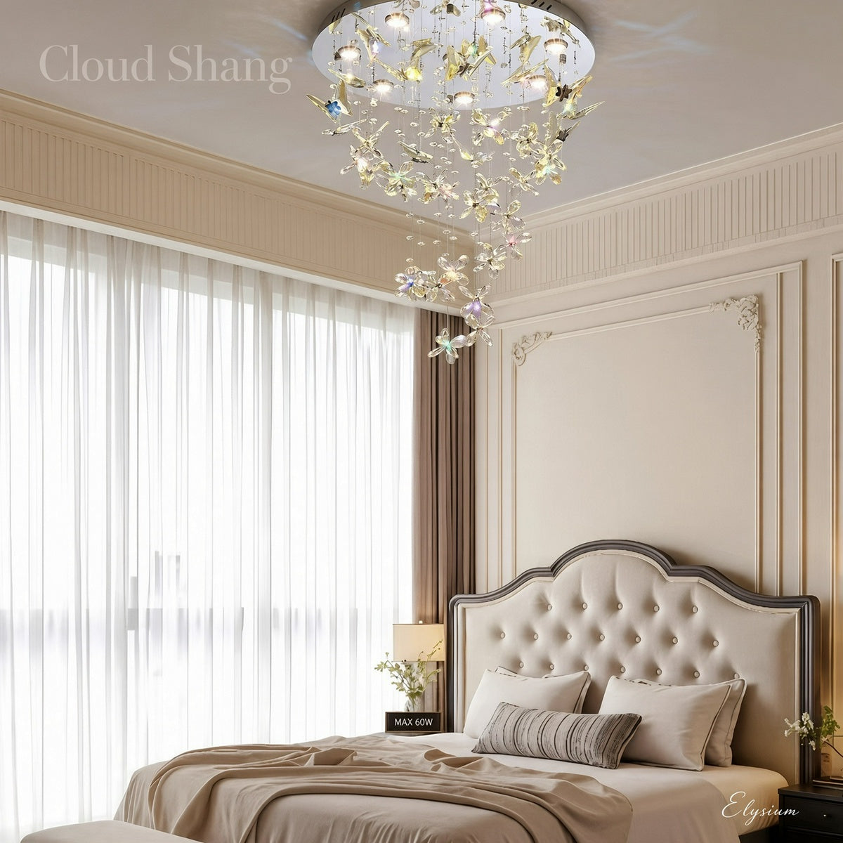 French-style crystal flush-mount ceiling light; designer-created, Italian-inspired "light luxury" style; suitable for homes and wedding suites.