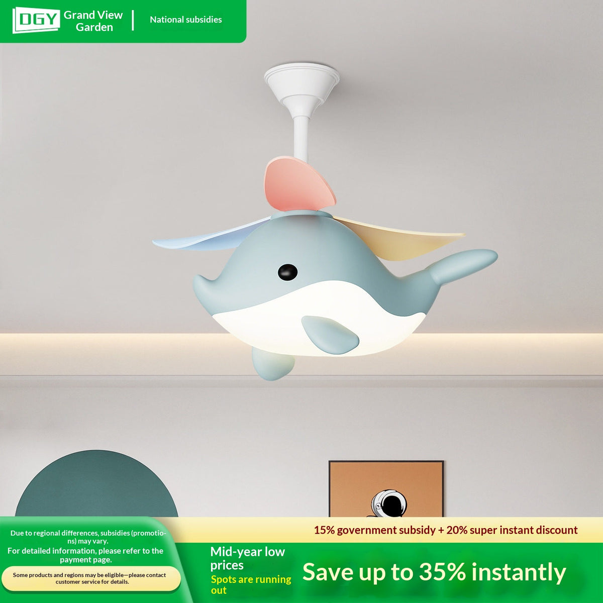 Modern Cartoon Whale Ceiling Fan Light for Children's Rooms