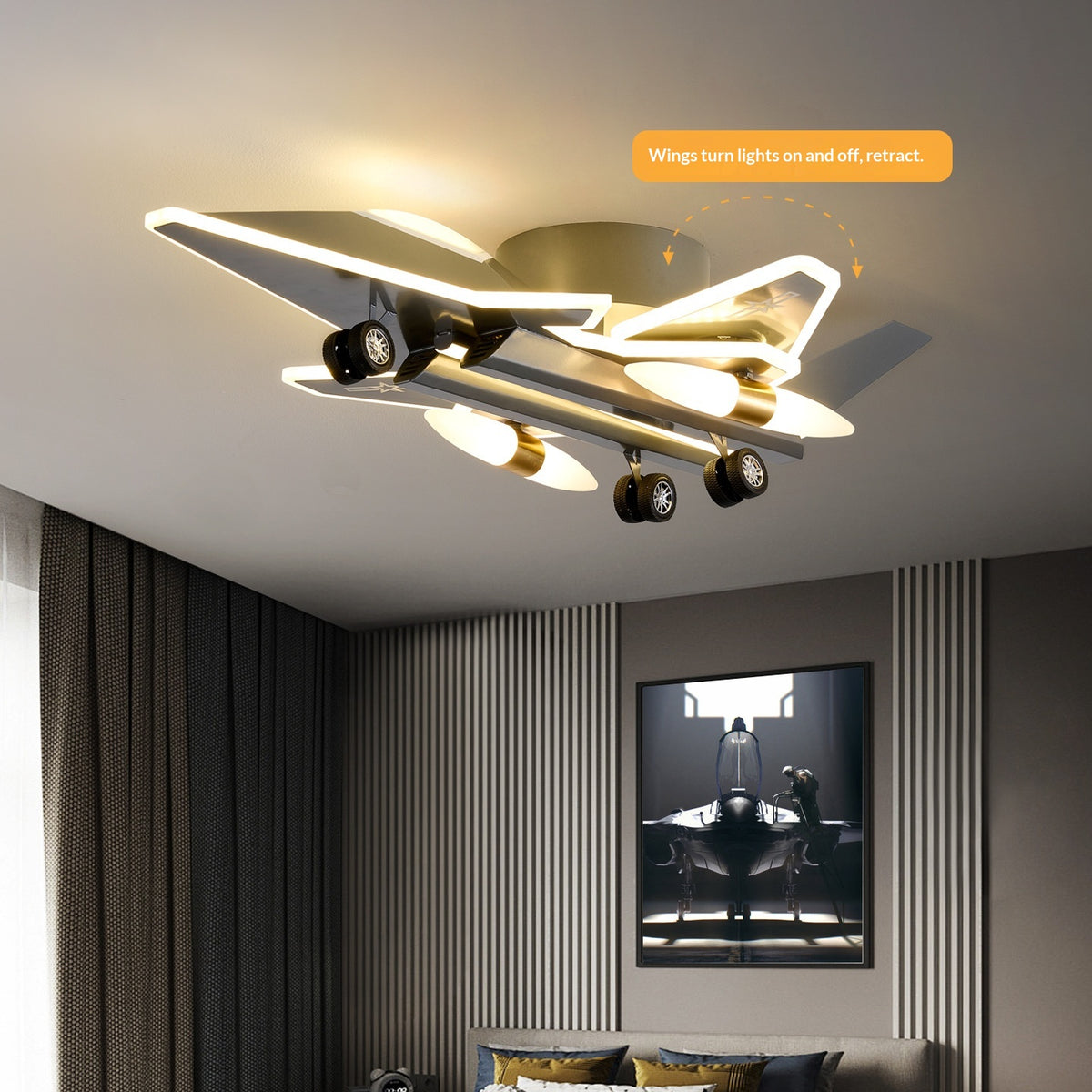 Creative Transformable 3D Fighter Jet-Shaped Airplane Pendant Light – Eye-Protecting Decorative Lighting for Boys' Bedrooms