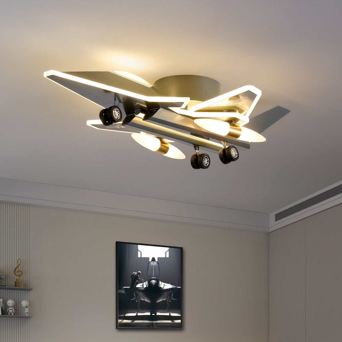 Creative Transformable 3D Fighter Jet-Shaped Airplane Pendant Light – Eye-Protecting Decorative Lighting for Boys' Bedrooms