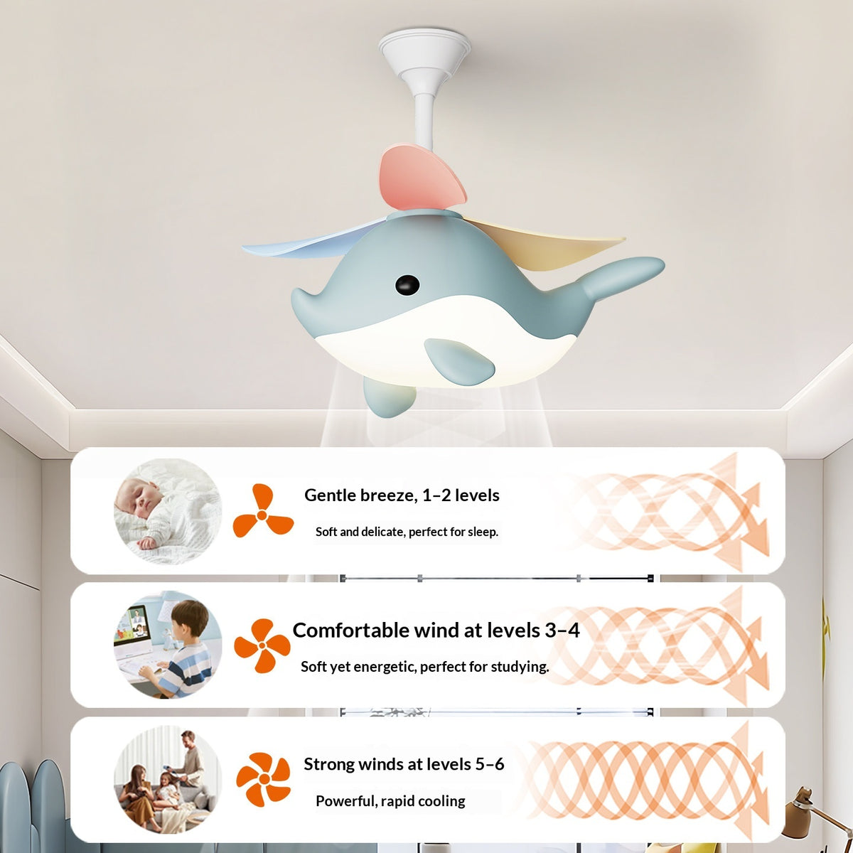 Modern Cartoon Whale Ceiling Fan Light for Children's Rooms