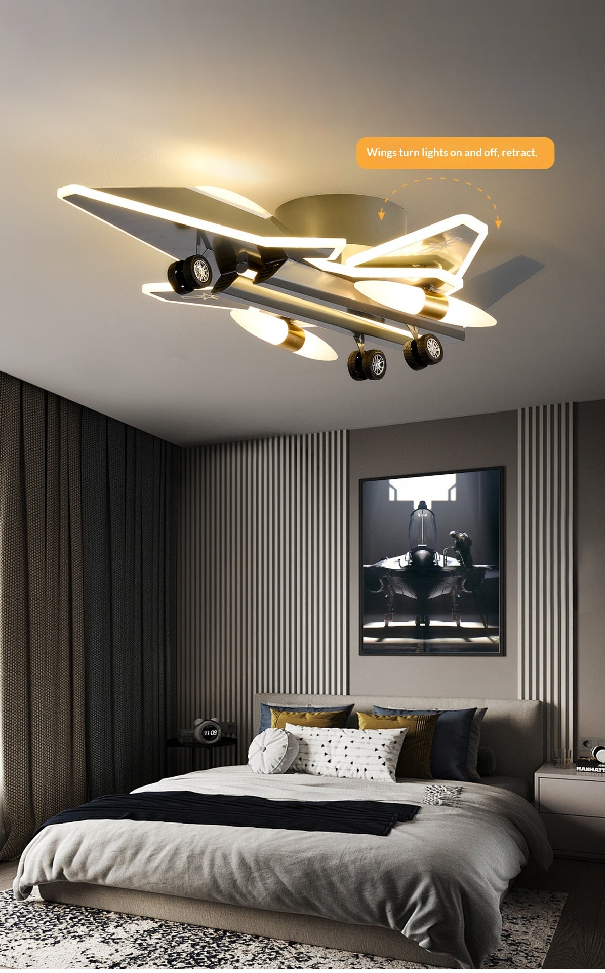 Creative Transformable 3D Fighter Jet-Shaped Airplane Pendant Light – Eye-Protecting Decorative Lighting for Boys' Bedrooms