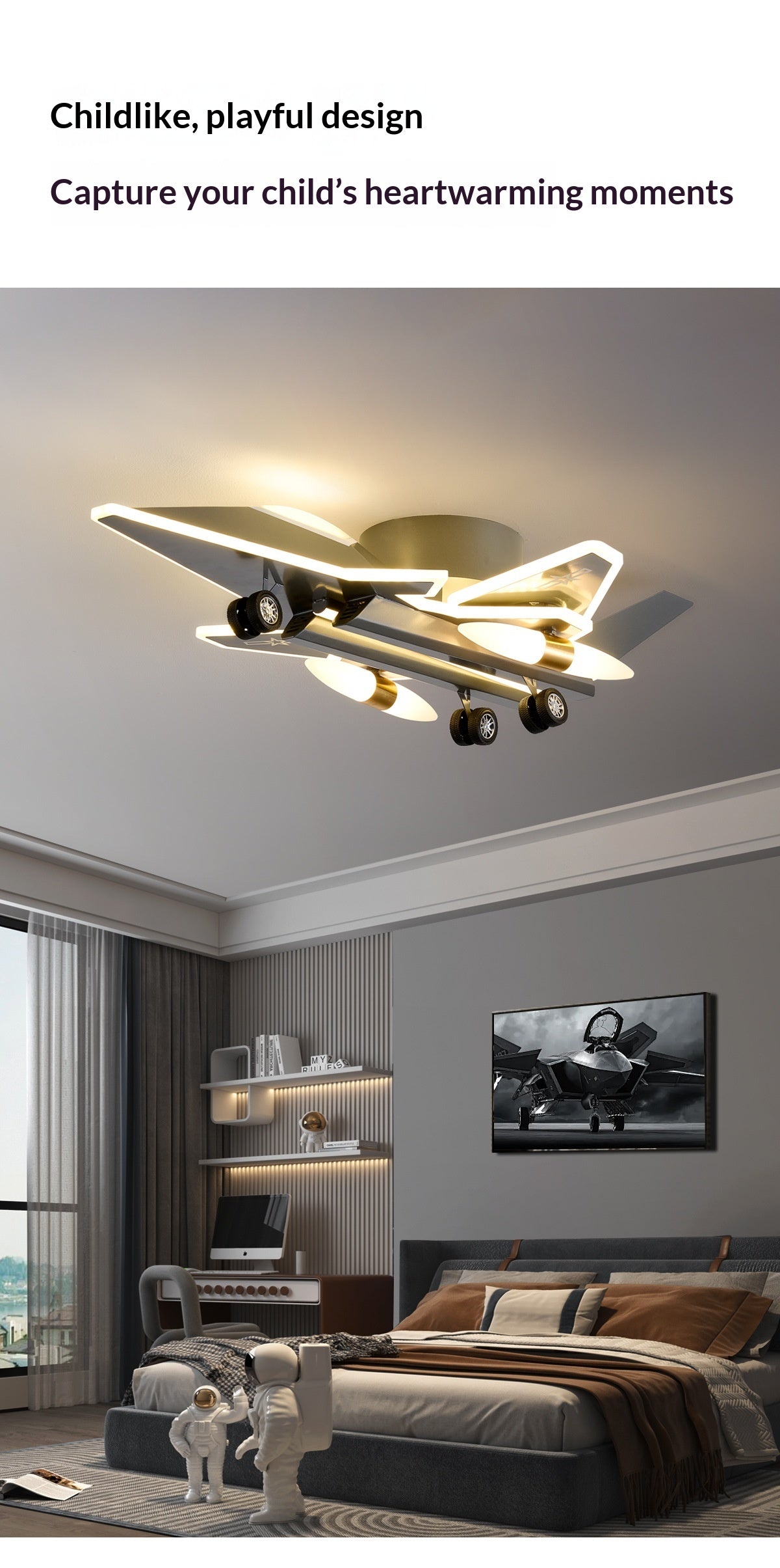 Creative Transformable 3D Fighter Jet-Shaped Airplane Pendant Light – Eye-Protecting Decorative Lighting for Boys' Bedrooms