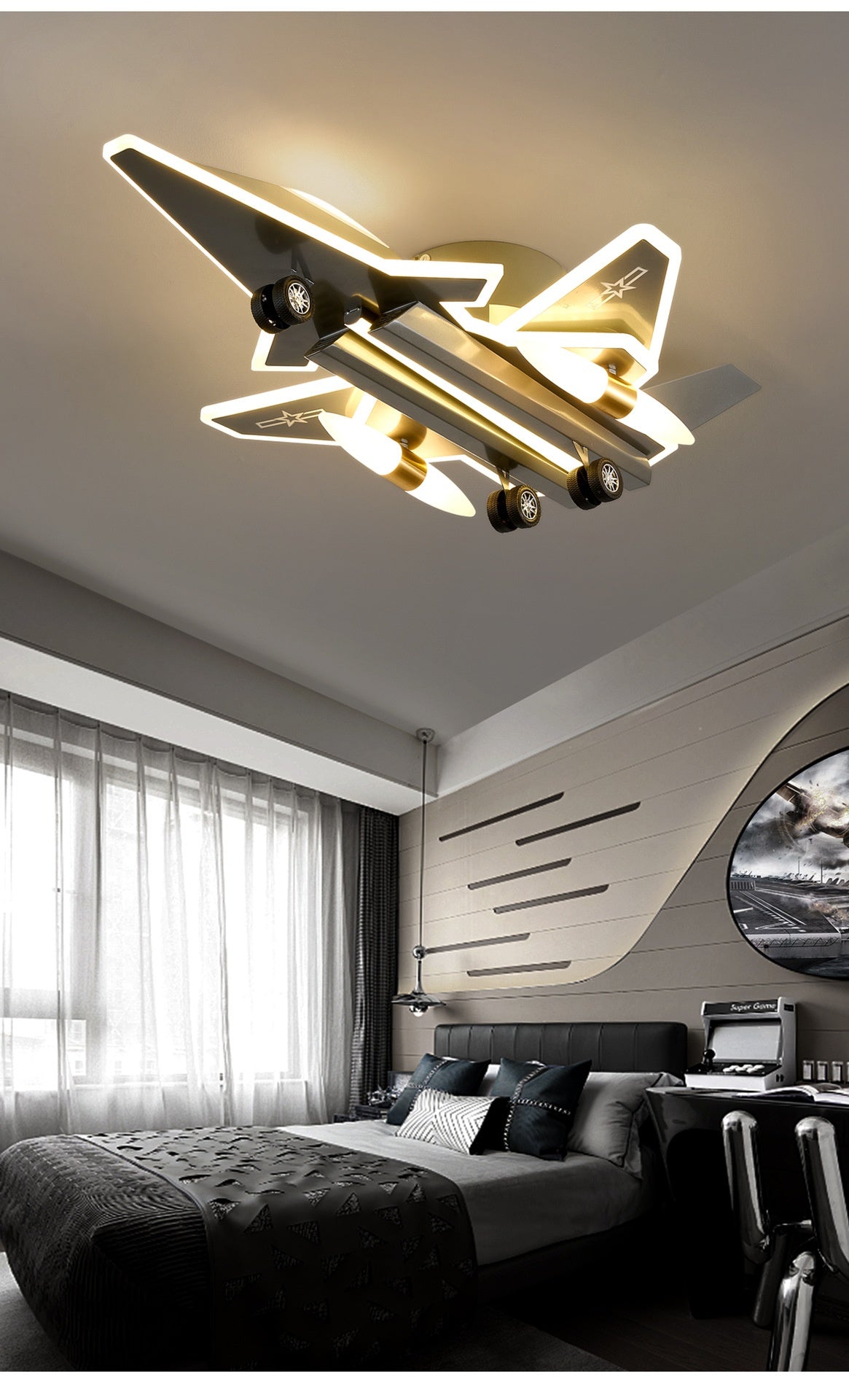 Creative Transformable 3D Fighter Jet-Shaped Airplane Pendant Light – Eye-Protecting Decorative Lighting for Boys' Bedrooms