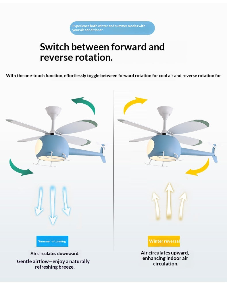 Smart Ceiling Fan Light for Children's Rooms – Minimalist Cartoon Airplane Design – Suitable for Boys' and Girls' Bedrooms – Home Pendant Fan Light