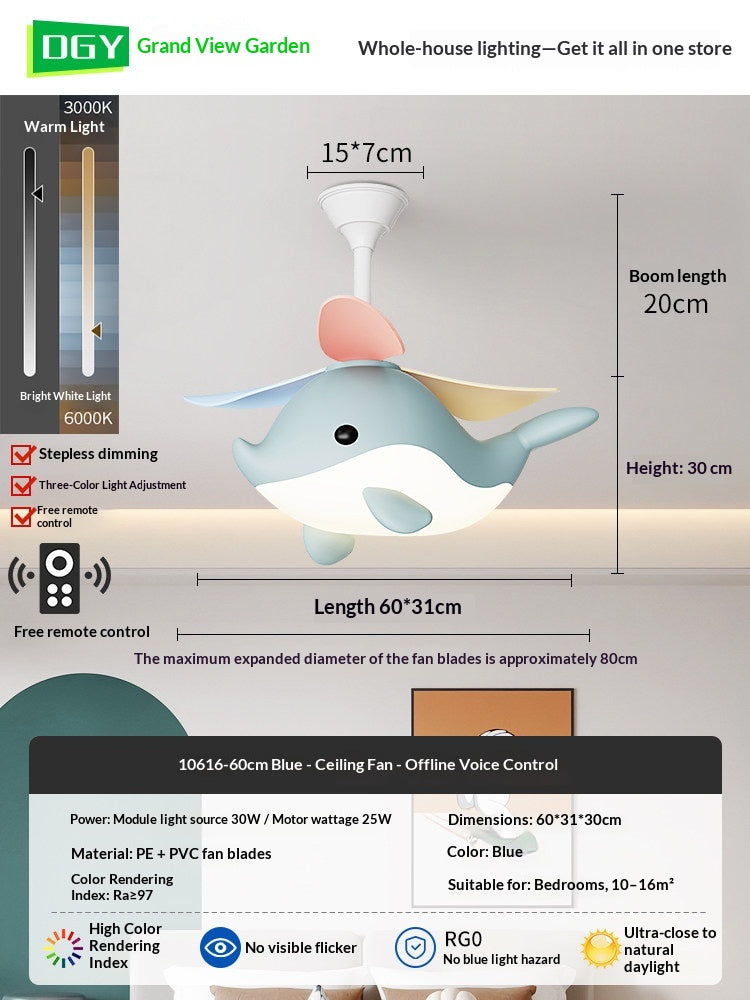 Modern Cartoon Whale Ceiling Fan Light for Children's Rooms