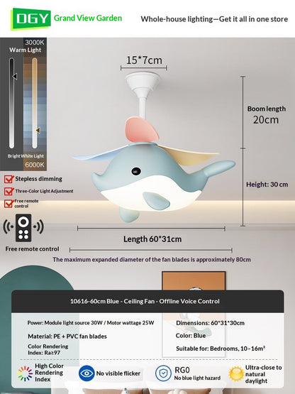 Modern Cartoon Whale Ceiling Fan Light for Children's Rooms