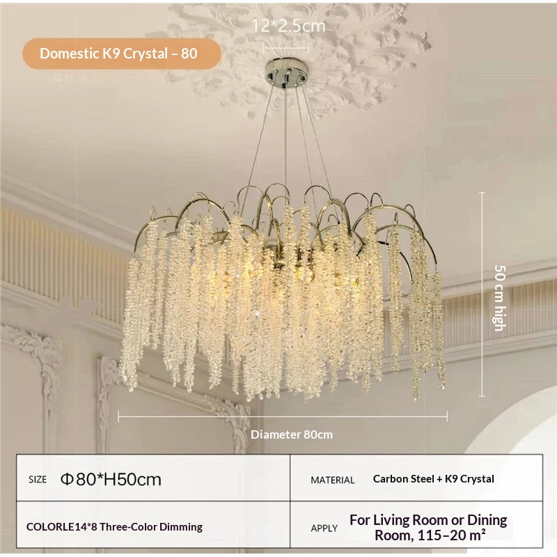New French-style crystal chandelier for living rooms; premium imported Egyptian crystal; suitable for luxury villa foyers, dining rooms, and master bedrooms; features a "quiet luxury" aesthetic.