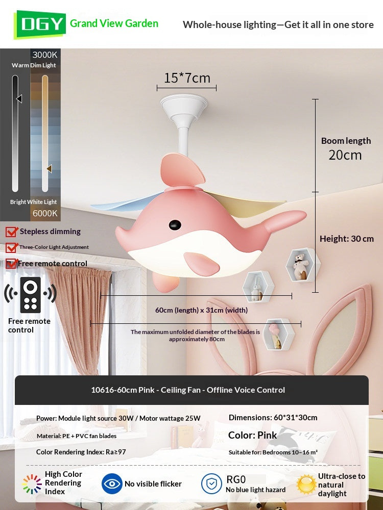 Modern Cartoon Whale Ceiling Fan Light for Children's Rooms